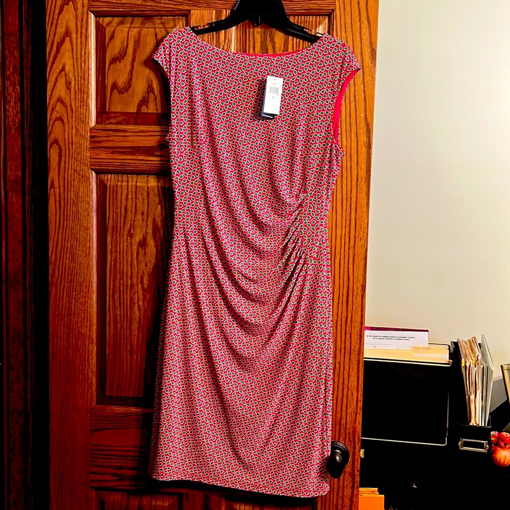 Pink and Green Ralph Lauren Side-Ruched Sheath Dress